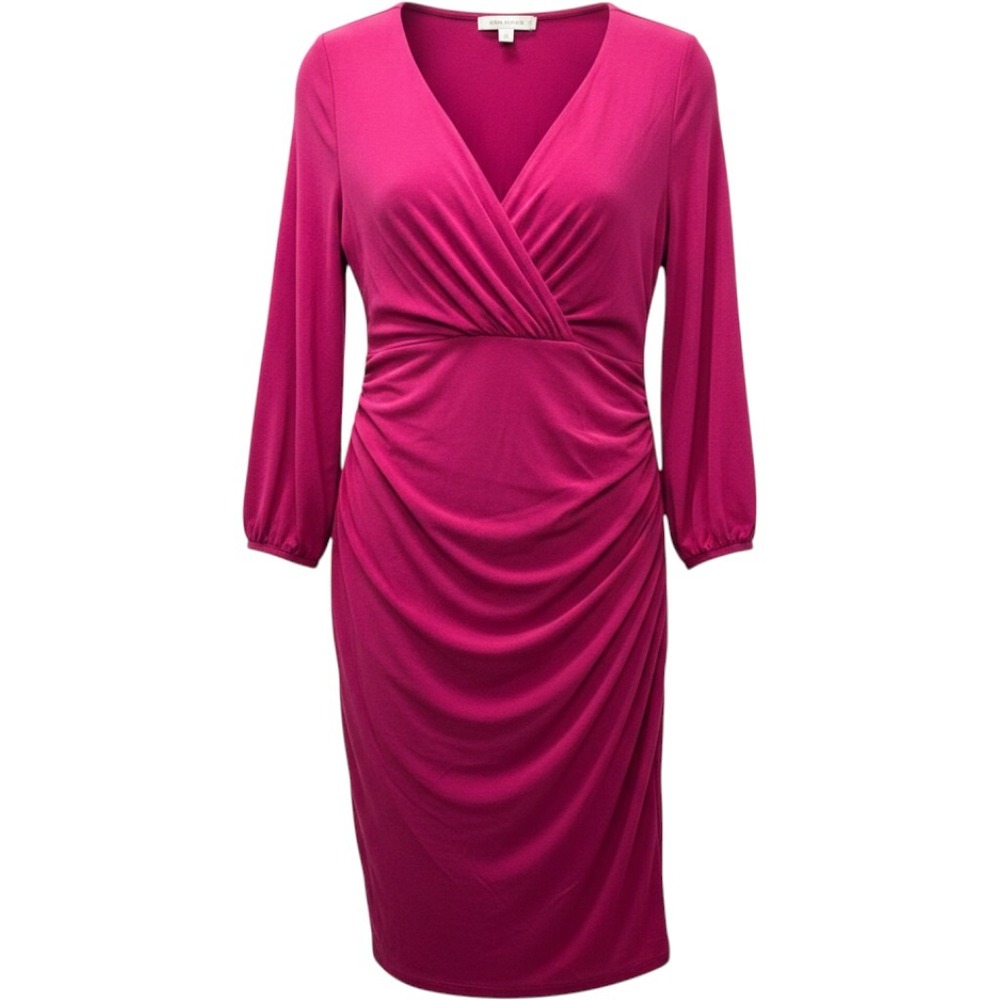 Anne Klein Dress Size 8 V-Neck Stretch Faux Wrap Dress 3/4 Sleeve Red